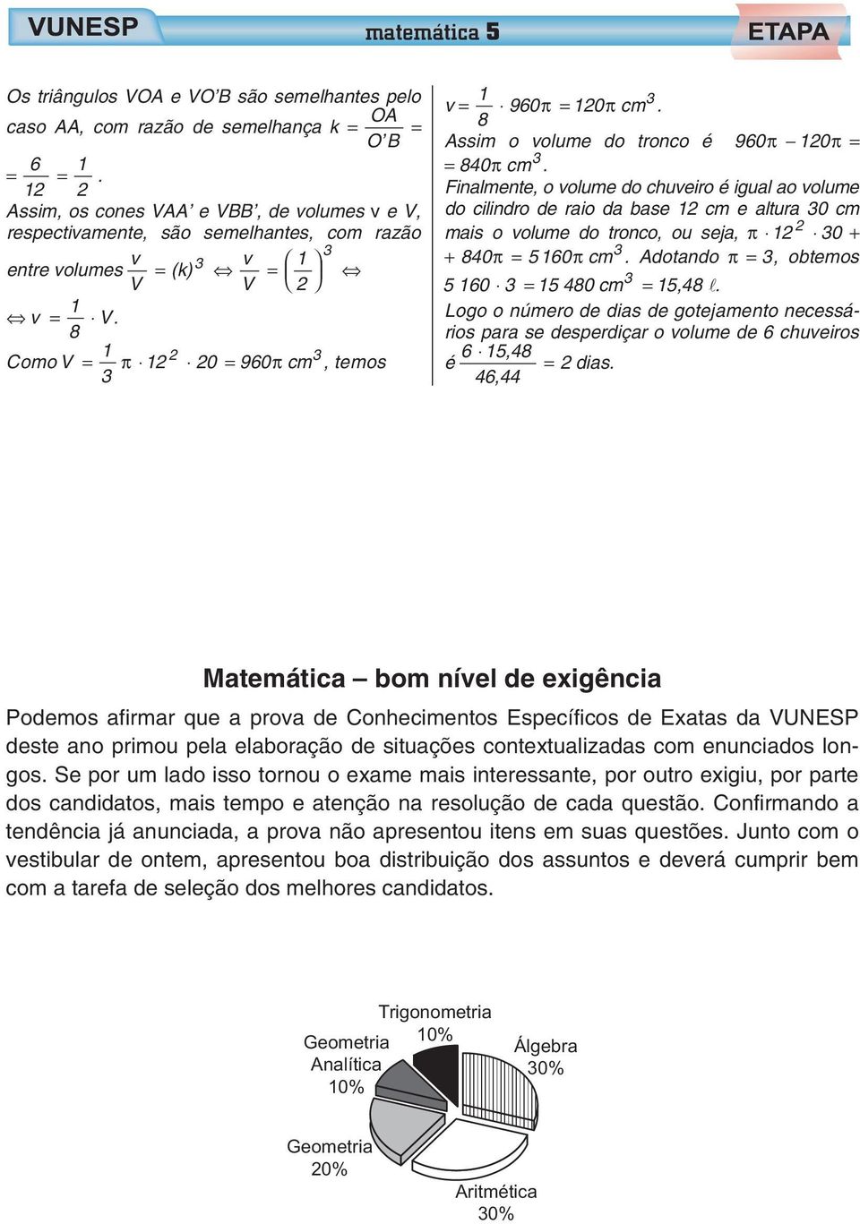 Assim o olume do tronco é 960π 0π = = 0π cm. Finalmente, o olume do chueiro é igual ao olume do cilindro de raio da base cm e altura 0 cm mais o olume do tronco, ou seja, π 0 + + 0π = 60π cm.