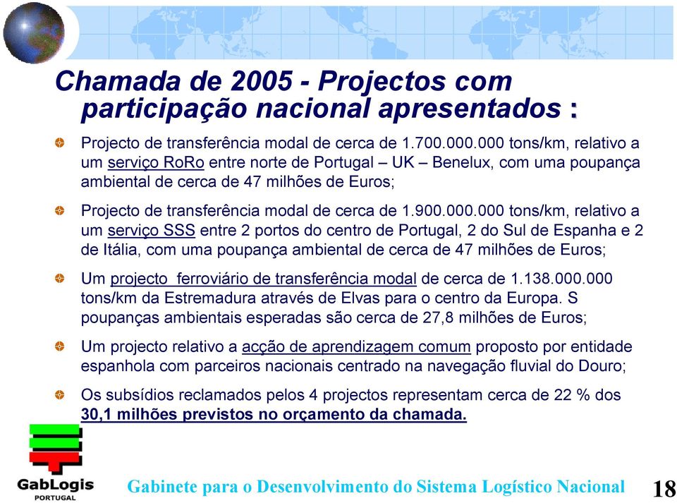 tons/km, relativo a um serviço SSS entre 2 portos do centro de Portugal, 2 do Sul de Espanha e 2 de Itália, com uma poupança ambiental de cerca de 47 milhões de Euros; Um projecto ferroviário de
