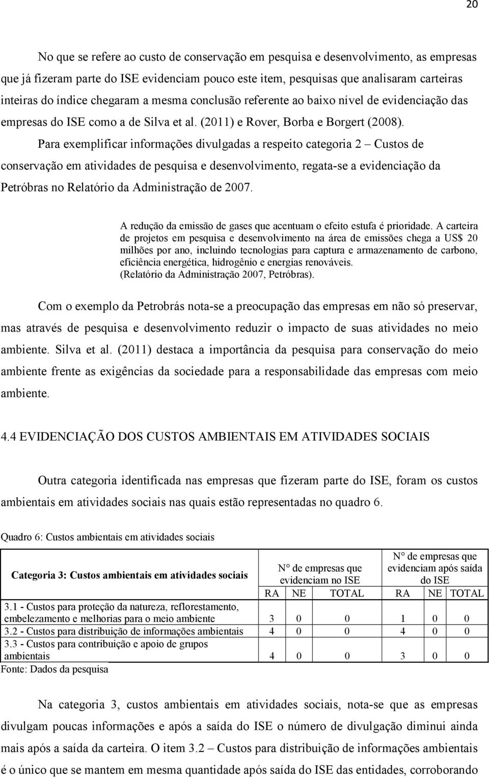 Para exemplificar informações divulgadas a respeito categoria 2 Custos de conservação em atividades de pesquisa e desenvolvimento, regata-se a evidenciação da Petróbras no Relatório da Administração