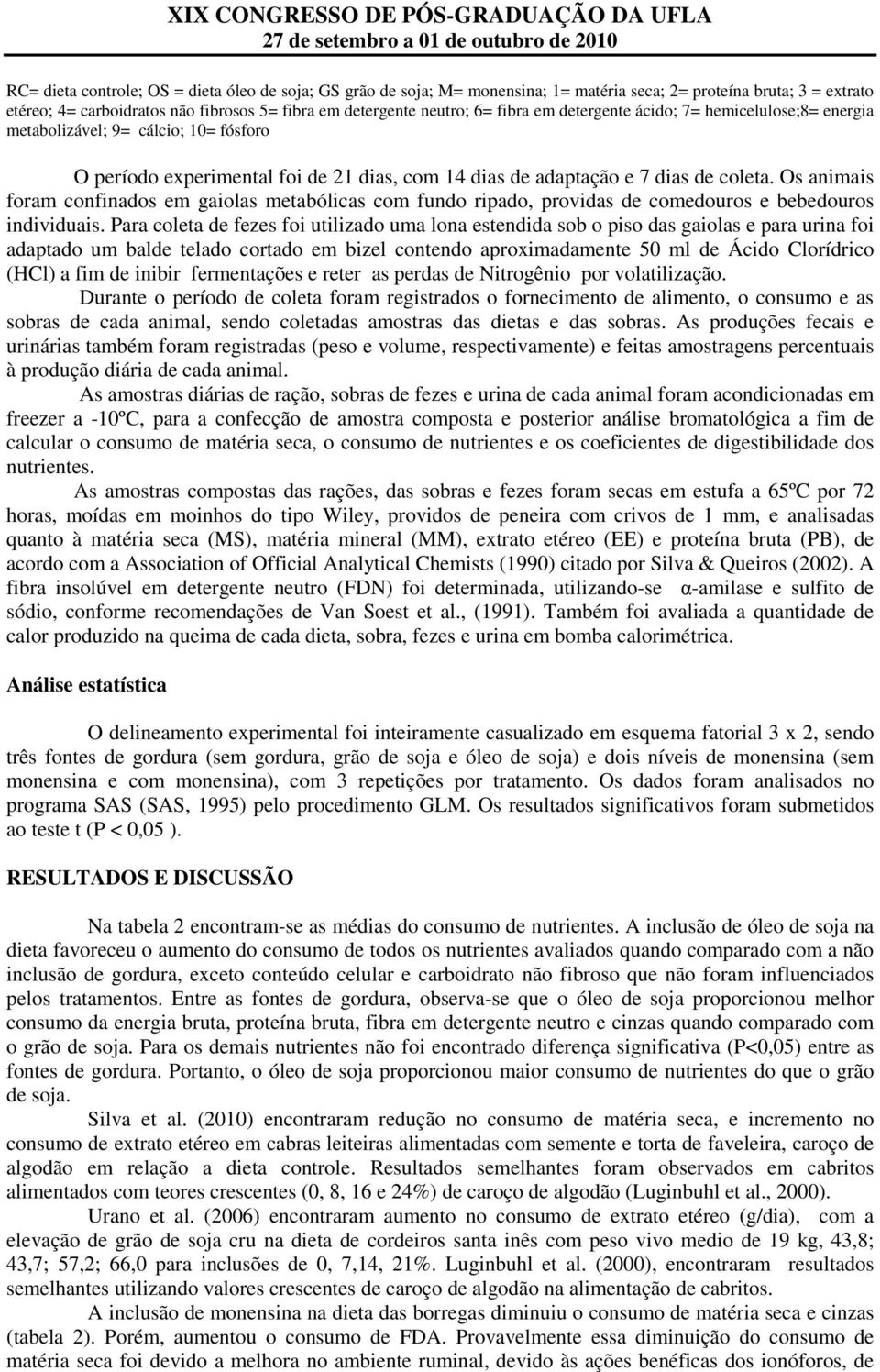 Os animais foram confinados em gaiolas metabólicas com fundo ripado, providas de comedouros e bebedouros individuais.