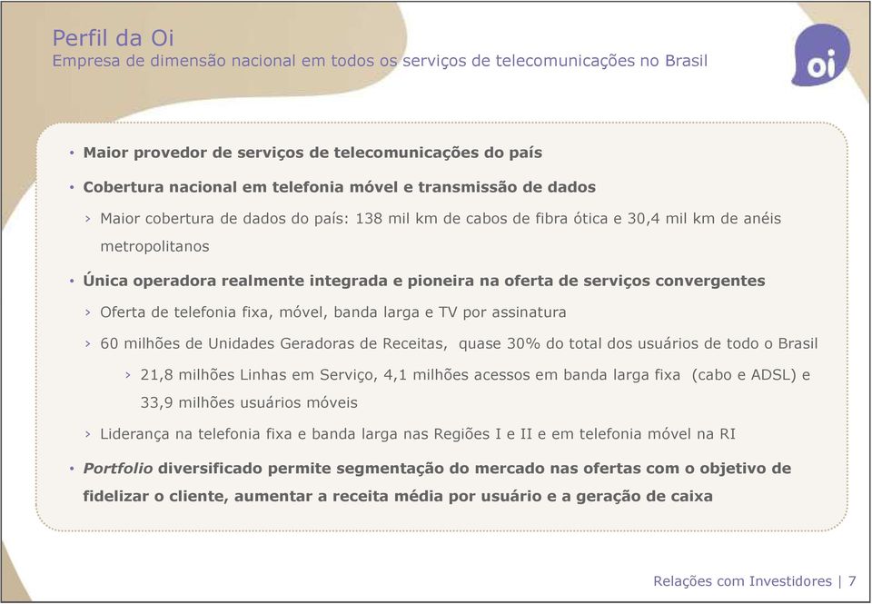 Oferta de telefonia fixa, móvel, banda larga e TV por assinatura 60 milhões de Unidades Geradoras de Receitas, quase 30% do total dos usuários de todo o Brasil 21,8 milhões Linhas em Serviço, 4,1