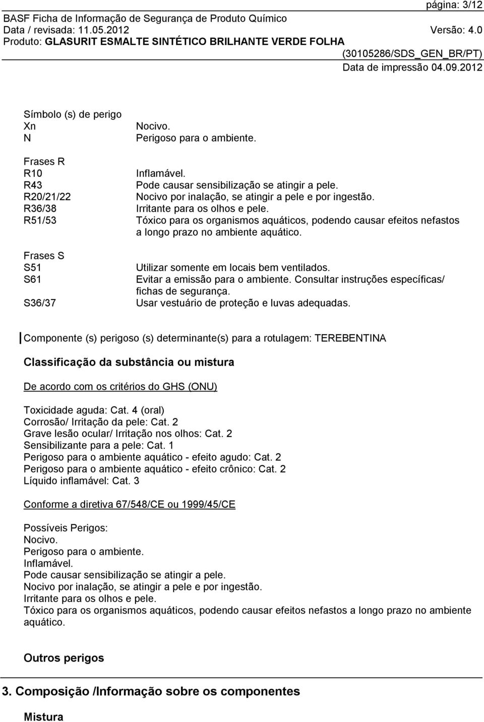 R51/53 Tóxico para os organismos aquáticos, podendo causar efeitos nefastos a longo prazo no ambiente aquático. Frases S S51 Utilizar somente em locais bem ventilados.