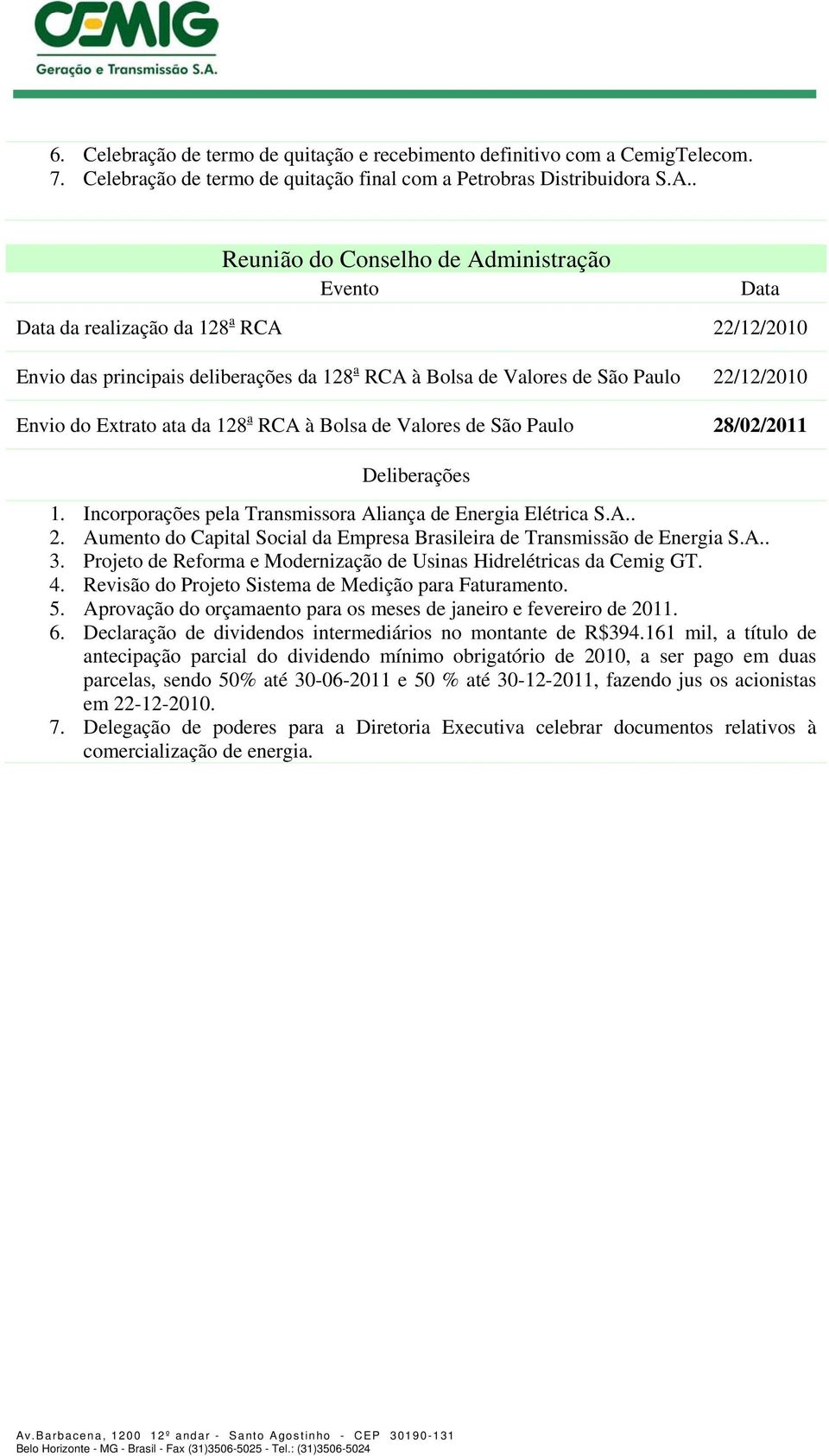 28/02/2011 1. Incorporações pela Transmissora Aliança de Energia Elétrica S.A.. 2. Aumento do Capital Social da Empresa Brasileira de Transmissão de Energia S.A.. 3.