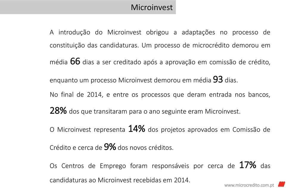 média 93 dias. No final de 2014, e entre os processos que deram entrada nos bancos, 28% dos que transitaram para o ano seguinte eram Microinvest.