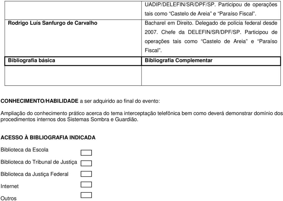 Bibliografia Complementar CONHECIMENTO/HABILIDADE a ser adquirido ao final do evento: Ampliação do conhecimento prático acerca do tema interceptação telefônica bem como