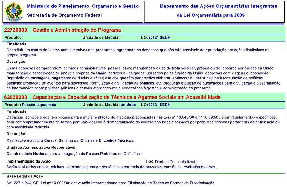 Essas despesas compreendem: serviços administrativos; pessoal ativo; manutenção e uso de frota veicular, própria ou de terceiros por órgãos da União; manutenção e conservação de imóveis próprios da