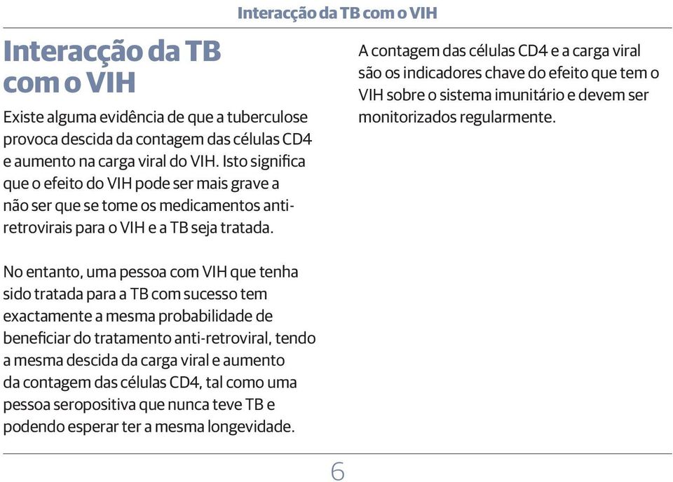 No entanto, uma pessoa com VIH que tenha sido tratada para a TB com sucesso tem exactamente a mesma probabilidade de beneficiar do tratamento anti-retroviral, tendo a mesma descida da carga viral e