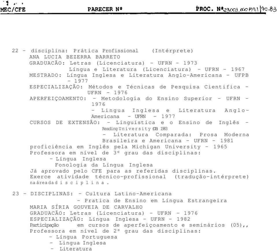 Literatura Anglo- Americana - UFRN - 1977 CURSOS DE EXTENSÃO: - Linguística e o Ensino de Inglês - Reading University (GB) 1983 - Literatura Comparada: Prosa Moderna Brasileira e Americana - UFRN -