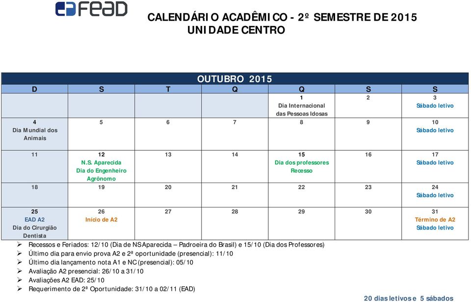 A2 27 28 29 30 31 Término de A2 Recessos e Feriados: 12/10 (Dia de NS Aparecida Padroeira do Brasil) e 15/10 (Dia dos Professores) Último dia para envio prova A2 e