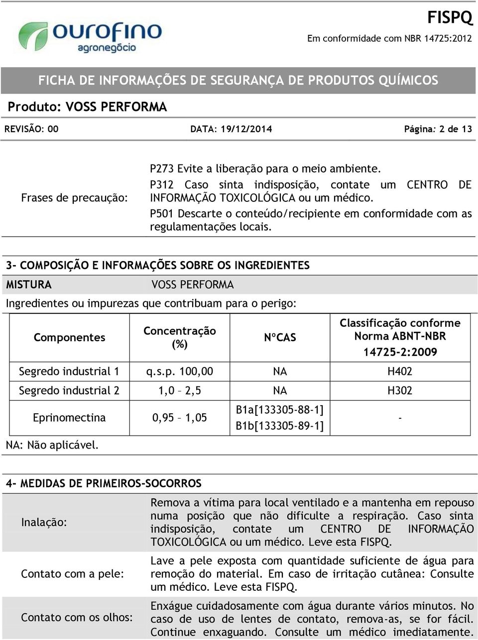 3- COMPOSIÇÃO E INFORMAÇÕES SOBRE OS INGREDIENTES MISTURA VOSS PERFORMA Ingredientes ou impurezas que contribuam para o perigo: Componentes NA: Não aplicável.