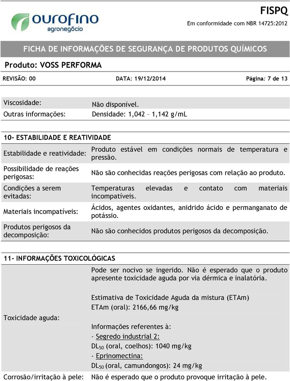 Não são conhecidas reações perigosas com relação ao produto. Temperaturas elevadas e contato com materiais incompatíveis. Ácidos, agentes oxidantes, anidrido ácido e permanganato de potássio.