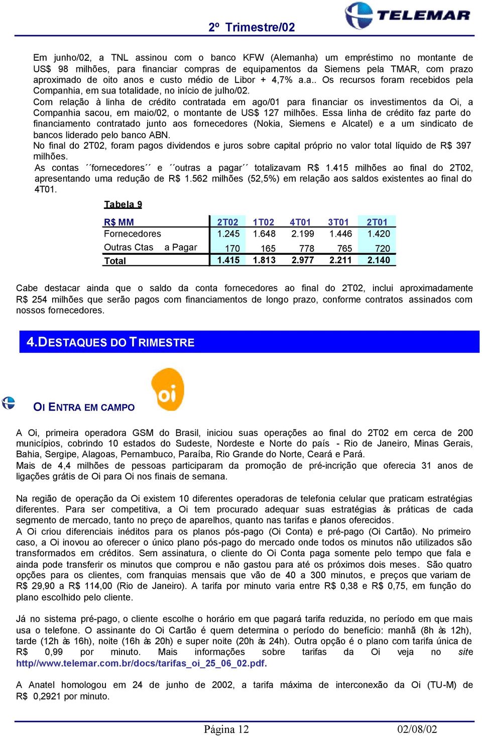 Com relação à linha de crédito contratada em ago/01 para financiar os investimentos da Oi, a Companhia sacou, em maio/02, o montante de US$ 127 milhões.