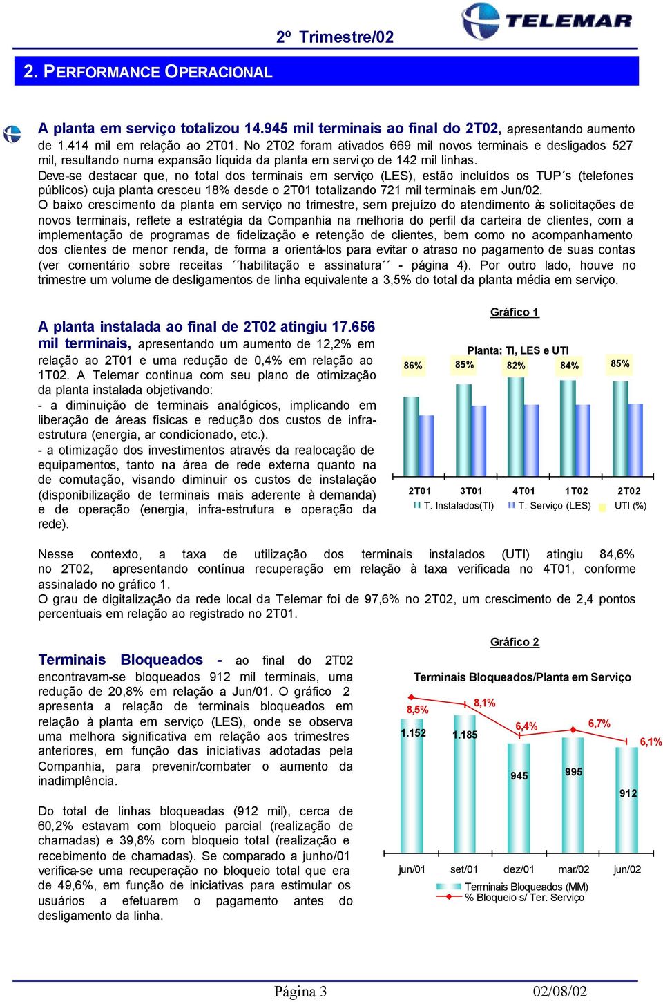 Deve-se destacar que, no total dos terminais em serviço (LES), estão incluídos os TUP s (telefones públicos) cuja planta cresceu 18% desde o 2T01 totalizando 721 mil terminais em Jun/02.