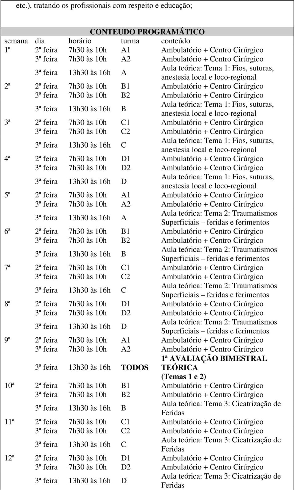 Centro Cirúrgico 3ª feira 13h30 às 16h B Aula teórica: Tema 1: Fios, suturas, anestesia local e loco-regional 3ª 2ª feira 7h30 às C1 Ambulatório + Centro Cirúrgico 3ª feira 7h30 às C2 Ambulatório +