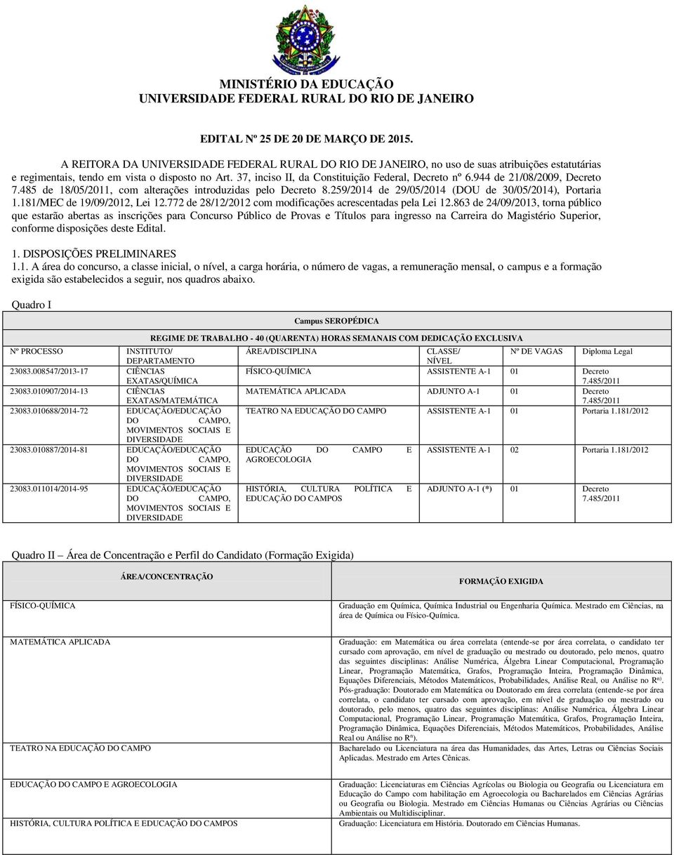 37, inciso II, da Constituição Federal, Decreto nº 6.944 de 21/08/2009, Decreto 7.485 de 18/05/2011, com alterações introduzidas pelo Decreto 8.259/2014 de 29/05/2014 (DOU de 30/05/2014), Portaria 1.