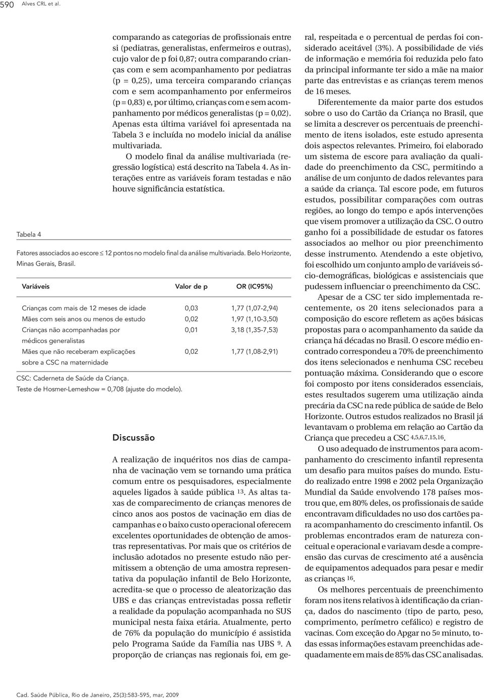 (p = 0,25), uma terceira comparando crianças com e sem acompanhamento por enfermeiros (p = 0,83) e, por último, crianças com e sem acompanhamento por médicos generalistas (p = 0,02).