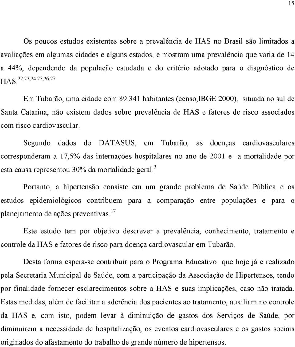341 habitantes (censo,ibge 2000), situada no sul de Santa Catarina, não existem dados sobre prevalência de HAS e fatores de risco associados com risco cardiovascular.