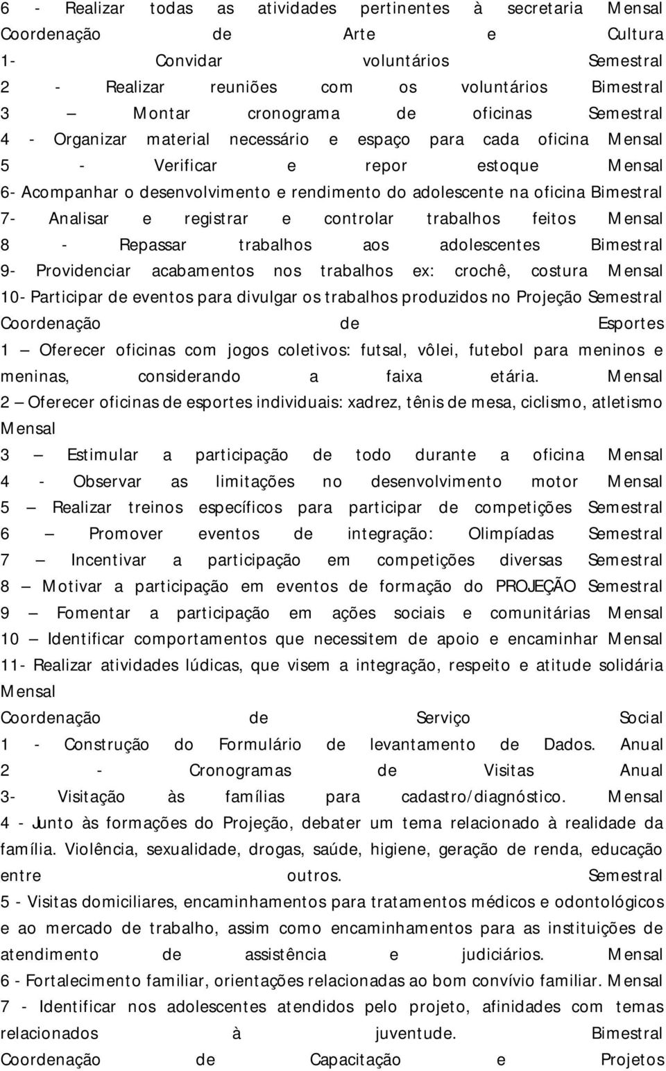 Bimestral 7- Analisar e registrar e controlar trabalhos feitos Mensal 8 - Repassar trabalhos aos adolescentes Bimestral 9- Providenciar acabamentos nos trabalhos ex: crochê, costura Mensal 10-