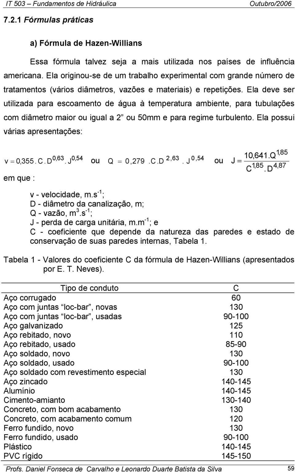 Ela dv sr utilizada para scoato d água à tpratura abit, para tubulaçõs co diâtro aior ou igual a ou 50 para rgi turbulto. Ela possui várias aprstaçõs: 0,63 0,54 0,355. C.. J,63 0,54 v = ou Q = 0,79.C.. J ou qu :,85 0,64.