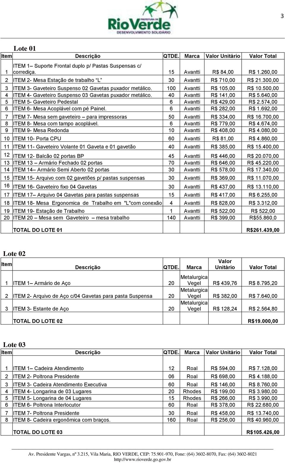 500,00 4 ITEM 4- Gaveteiro Suspenso 03 Gavetas puxador metálico. 40 Avantti R$ 141,00 R$ 5.640,00 5 ITEM 5- Gaveteiro Pedestal 6 Avantti R$ 429,00 R$ 2.574,00 6 ITEM 6- Mesa Acoplável com pé Painel.