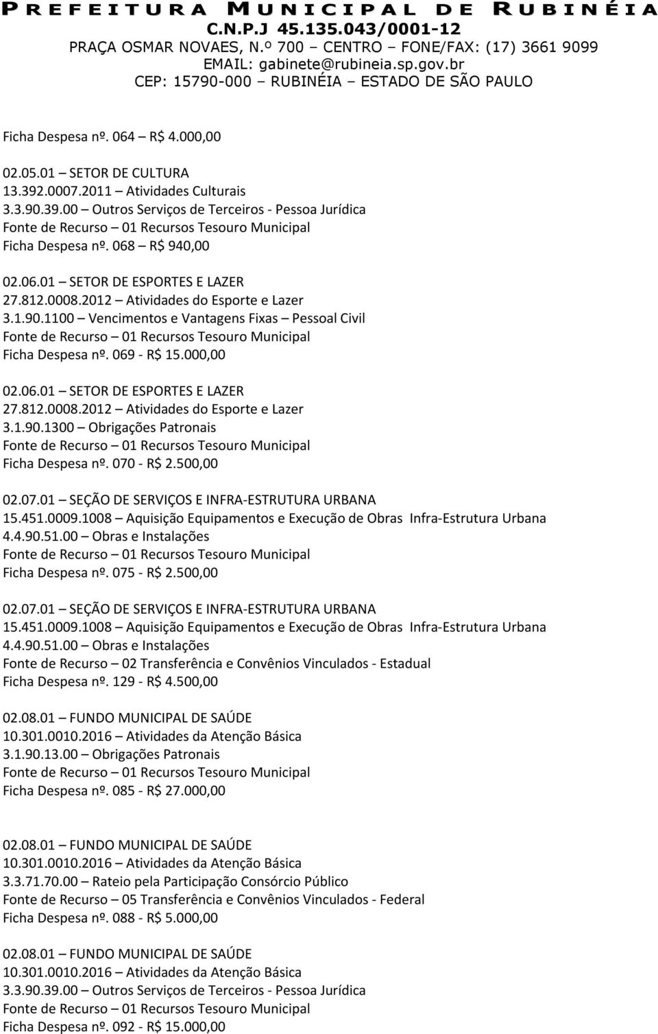 2012 Atividades do Esporte e Lazer 3.1.90.1300 Obrigações Patronais Ficha Despesa nº. 070 - R$ 2.500,00 02.07.01 SEÇÃO DE SERVIÇOS E INFRA-ESTRUTURA URBANA 15.451.0009.