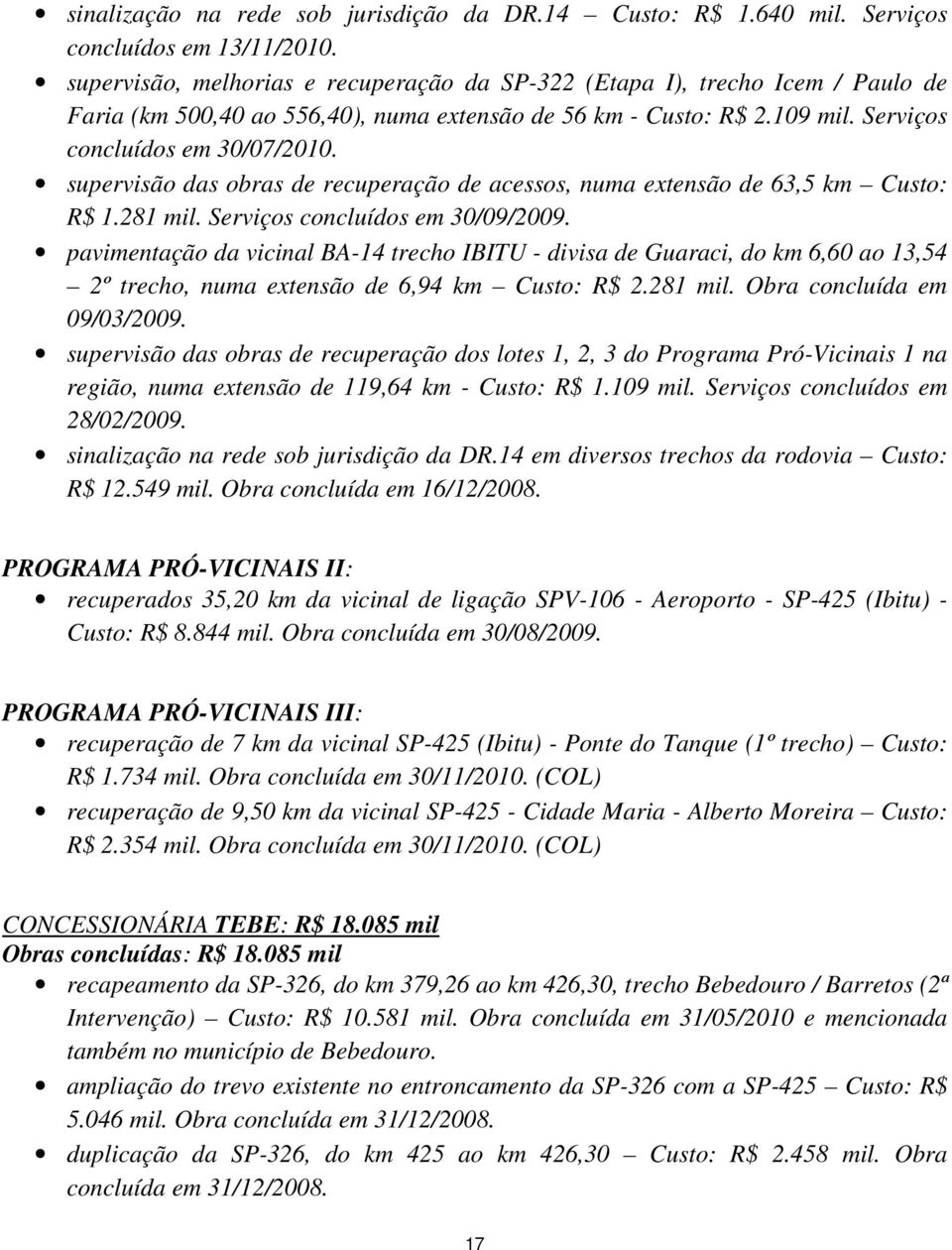 supervisão das obras de recuperação de acessos, numa extensão de 63,5 km Custo: R$ 1.281 mil. Serviços concluídos em 30/09/2009.