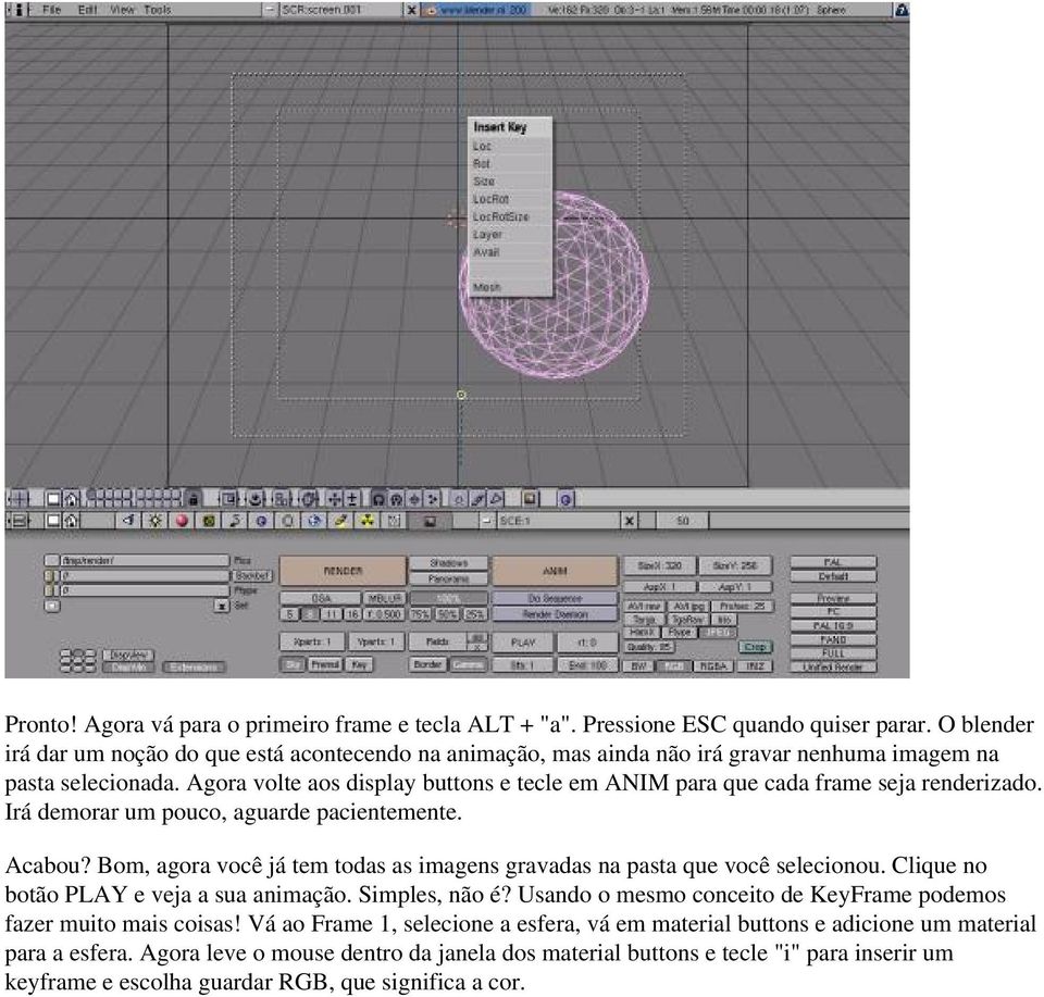 Agora volte aos display buttons e tecle em ANIM para que cada frame seja renderizado. Irá demorar um pouco, aguarde pacientemente. Acabou?