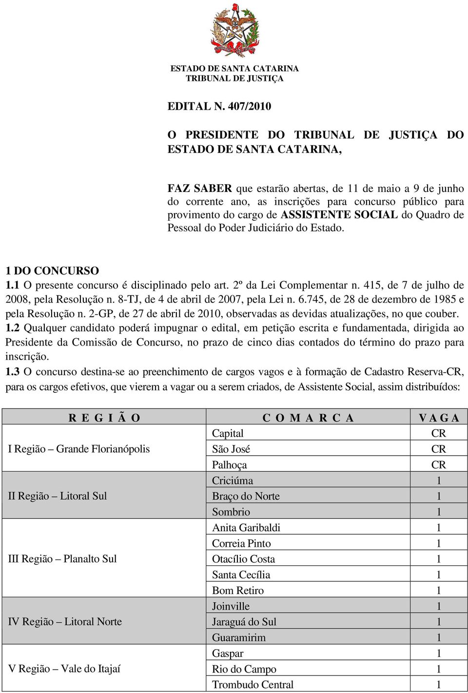 provimento do cargo de ASSISTENTE SOCIAL do Quadro de Pessoal do Poder Judiciário do Estado. 1 DO CONCURSO 1.1 O presente concurso é disciplinado pelo art. 2º da Lei Complementar n.