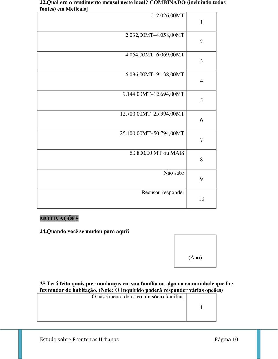 800,00 MT ou MAIS Não sabe Recusou responder 6 7 8 9 0 MOTIVAÇÕES.Quando você se mudou para aqui? (Ano).