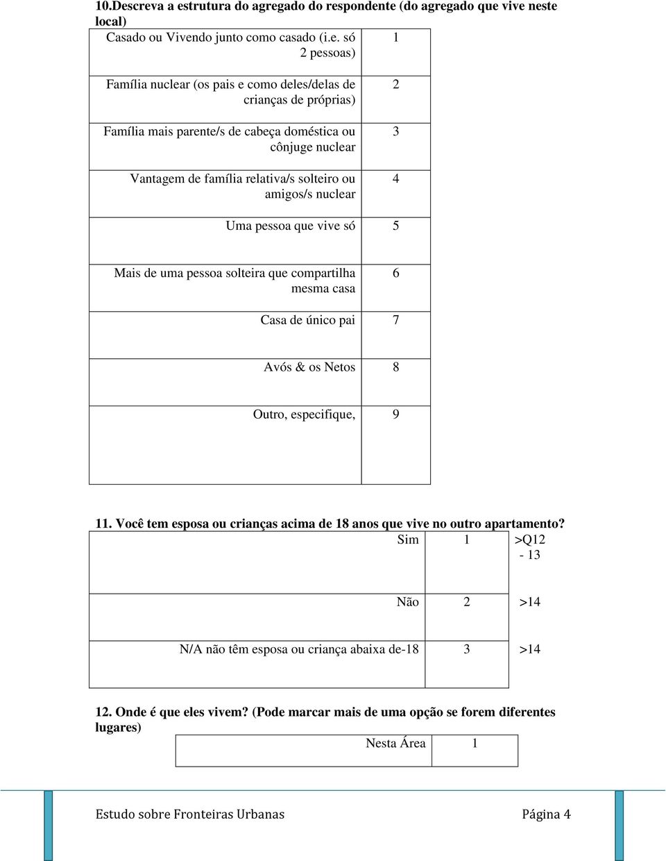 pessoa solteira que compartilha mesma casa 6 Casa de único pai 7 Avós & os Netos 8 Outro, especifique, 9. Você tem esposa ou crianças acima de 8 anos que vive no outro apartamento?