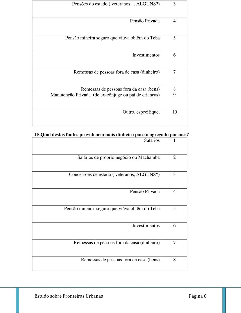 (bens) 8 Manutenção Privada (de ex-cônjuge ou pai de crianças) 9 Outro, especifique, 0.Qual destas fontes providencia mais dinheiro para o agregado por mês?