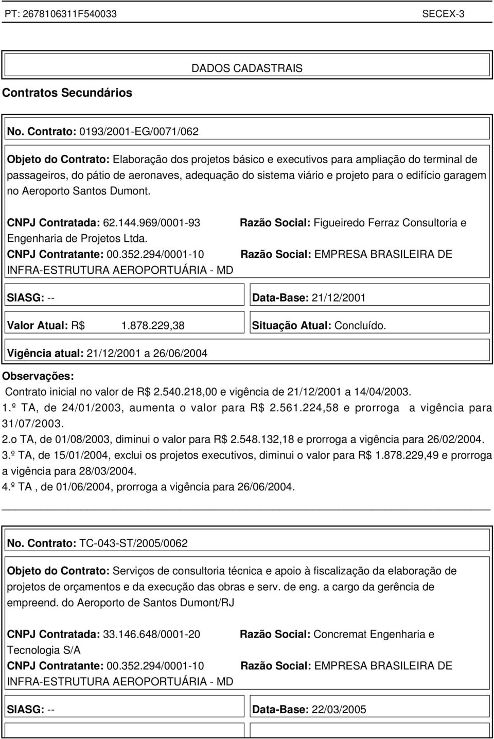 para o edifício garagem no Aeroporto Santos Dumont. CNPJ Contratada: 62.144.969/0001-93 Engenharia de Projetos Ltda. CNPJ Contratante: 00.352.