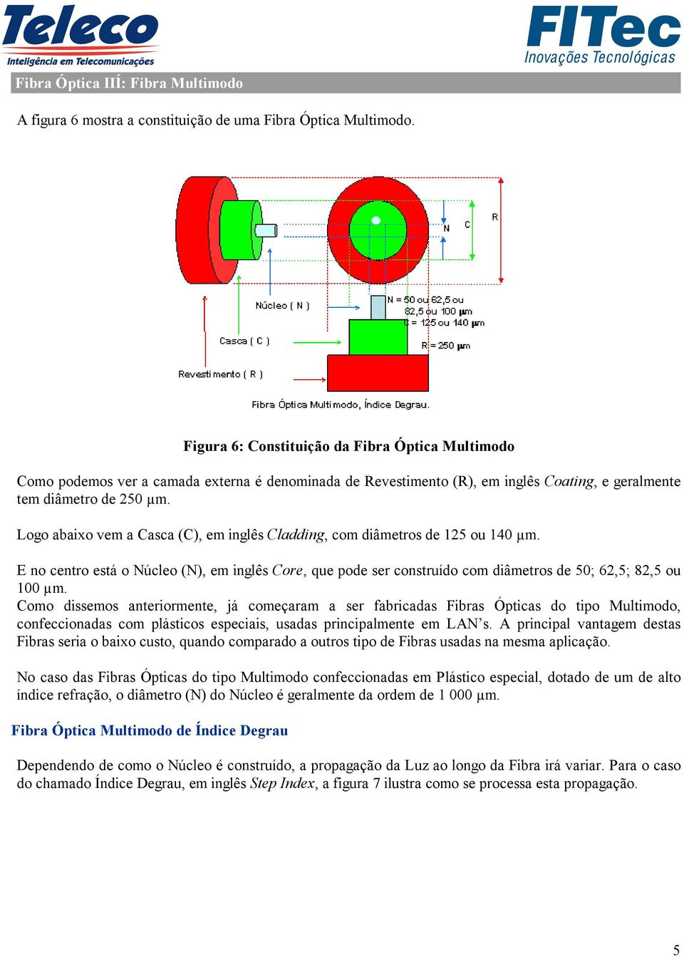 Logo abaixo vem a Casca (C), em inglês Cladding, com diâmetros de 125 ou 140 µm. E no centro está o Núcleo (N), em inglês Core, que pode ser construído com diâmetros de 50; 62,5; 82,5 ou 100 µm.