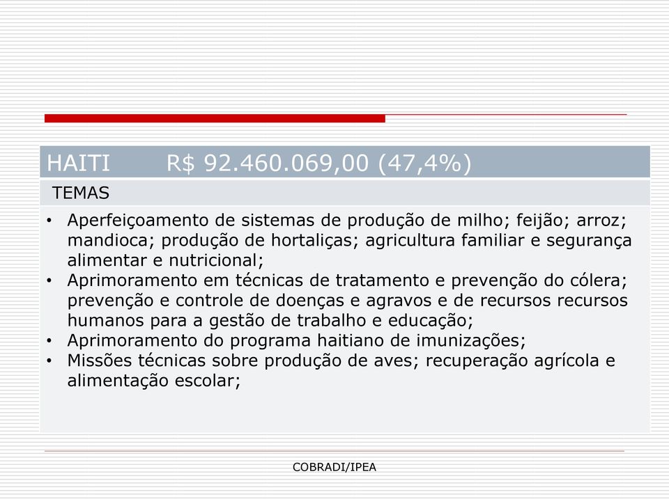 agricultura familiar e segurança alimentar e nutricional; Aprimoramento em técnicas de tratamento e prevenção do cólera;