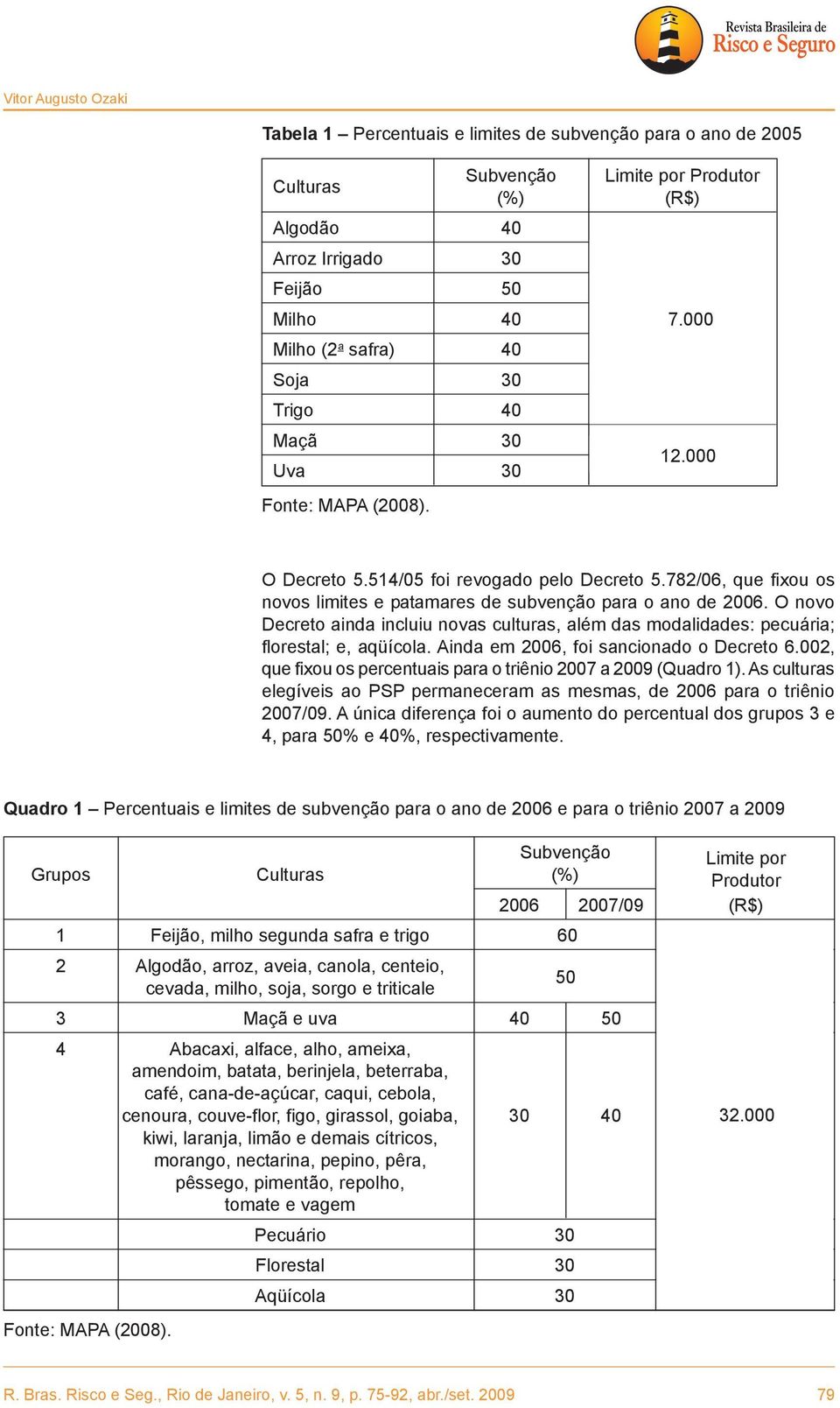 782/06, que fixou os novos limites e patamares de subvenção para o ano de 2006. O novo Decreto ainda incluiu novas culturas, além das modalidades: pecuária; florestal; e, aqüícola.