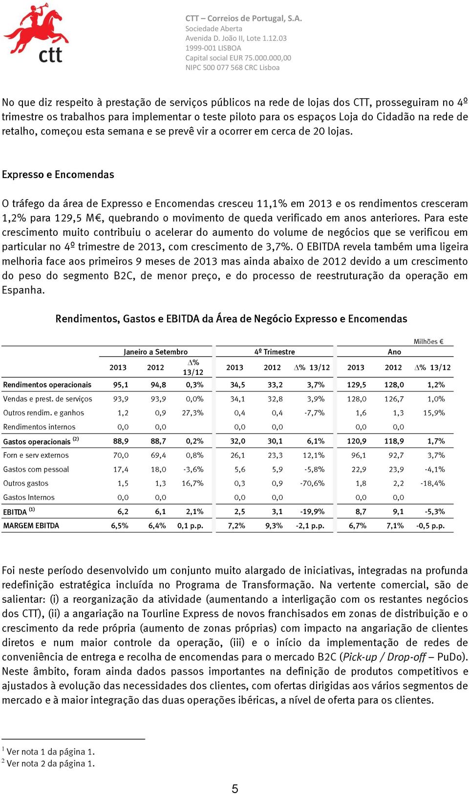 Expresso e Encomendas O tráfego da área de Expresso e Encomendas cresceu 11,1% em 2013 e os rendimentos cresceram 1,2% para 129,5 M, quebrando o movimento de queda verificado em anos anteriores.