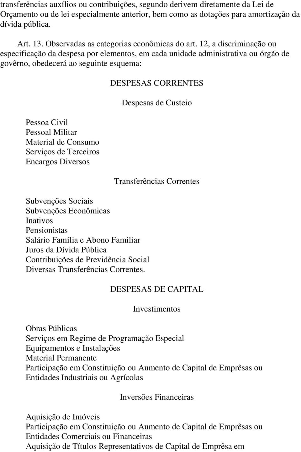 12, a discriminação ou especificação da despesa por elementos, em cada unidade administrativa ou órgão de govêrno, obedecerá ao seguinte esquema: Pessoa Civil Pessoal Militar Material de Consumo