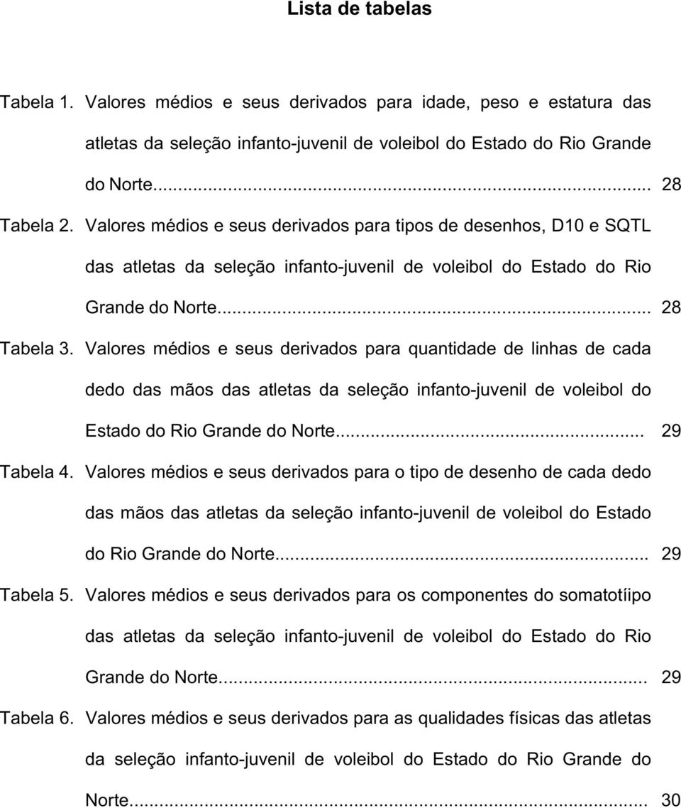 Valores médios e seus derivados para quantidade de linhas de cada dedo das mãos das atletas da seleção infanto-juvenil de voleibol do Estado do Rio Grande do Norte... 29 Tabela 4.