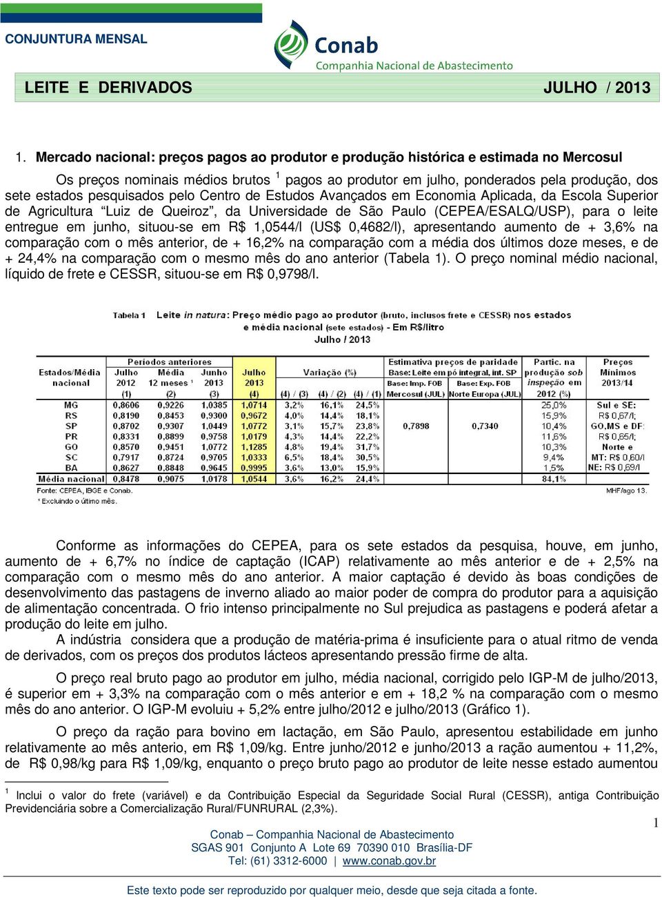 pesquisados pelo Centro de Estudos Avançados em Economia Aplicada, da Escola Superior de Agricultura Luiz de Queiroz, da Universidade de São Paulo (CEPEA/ESALQ/USP), para o leite entregue em junho,