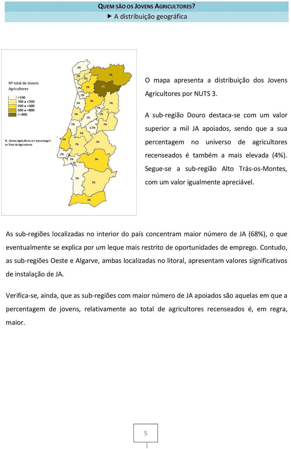 por NUTS 3. A sub-região Douro destaca-se com um valor superior a mil JA apoiados, sendo que a sua percentagem no universo de agricultores recenseados é também a mais elevada (4%).