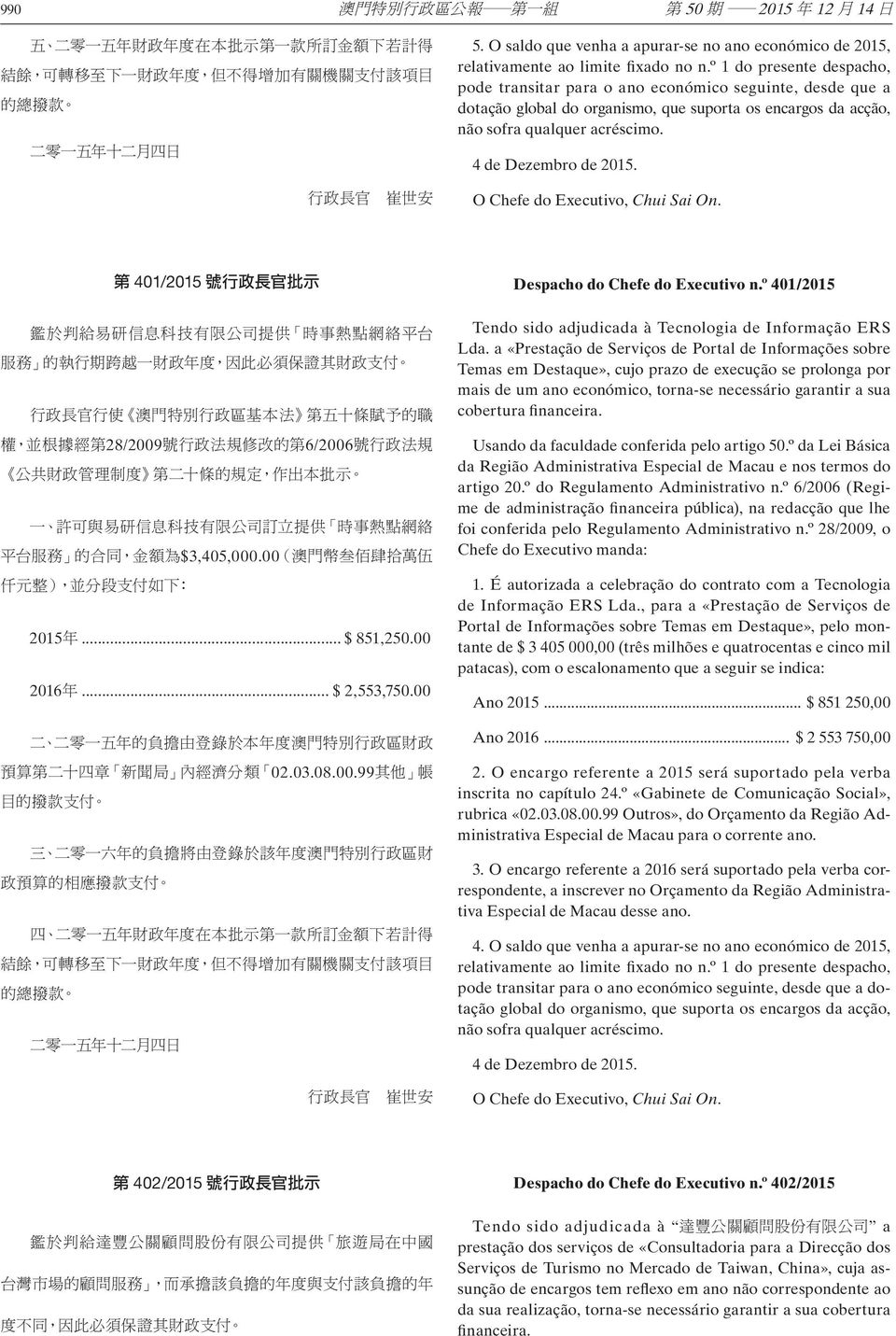 401/2015 Despacho do Chefe do Executivo n.º 401/2015 28/2009 6/2006 $3,405,000.00 2015... $ 851,250.00 2016... $ 2,553,750.00 02.03.08.00.99 Tendo sido adjudicada à Tecnologia de Informação ERS Lda.