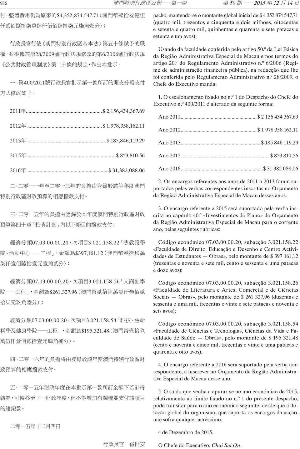 48 pacho, mantendo-se o montante global inicial de $ 4 352 874 547,71 (quatro mil, trezentos e cinquenta e dois milhões, oitocentas e setenta e quatro mil, quinhentas e quarenta e sete patacas e