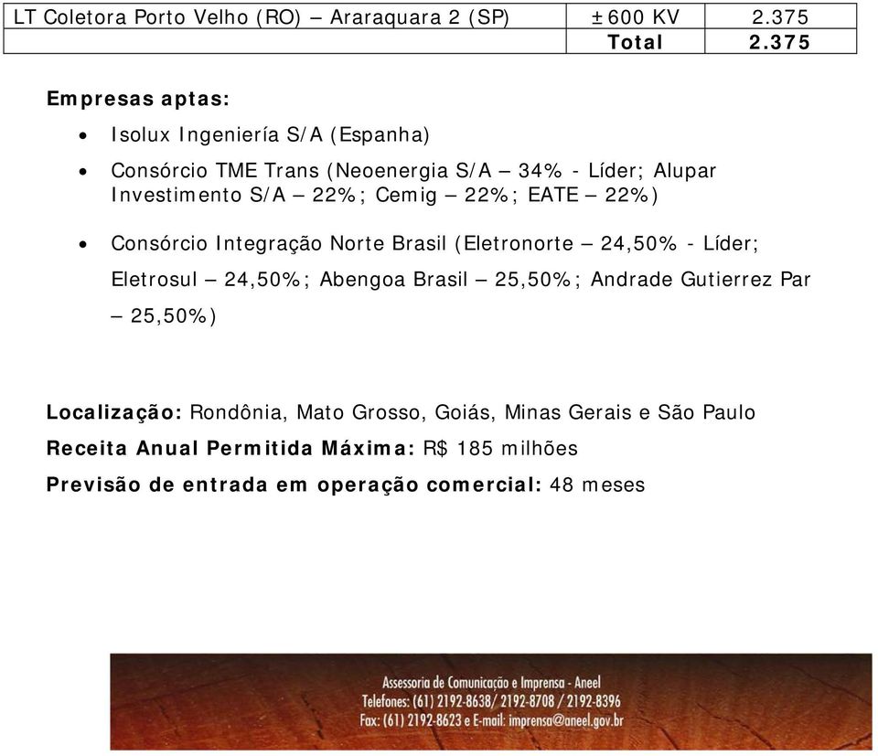 375 Localização: Rondônia, Mato Grosso, Goiás, Minas Gerais