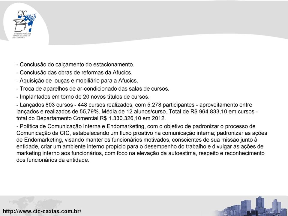 278 participantes - aproveitamento entre lançados e realizados de 55,79%. Média de 12 alunos/curso. Total de R$ 964.833,10 em cursos - total do Departamento Comercial R$ 1.330.326,10 em 2012.