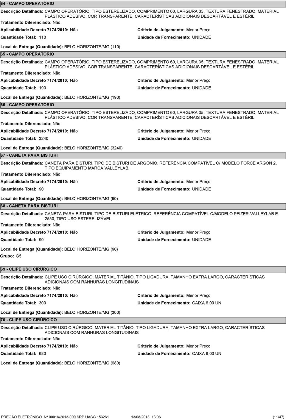 ADESIVO, COR TRANSPARENTE, CARACTERÍSTICAS ADICIONAIS DESCARTÁVEL E ESTÉRIL Local de Entrega (Quantidade): BELO HORIZONTE/MG (190) 66 - CAMPO OPERATÓRIO 3240 CAMPO OPERATÓRIO, TIPO ESTERELIZADO,