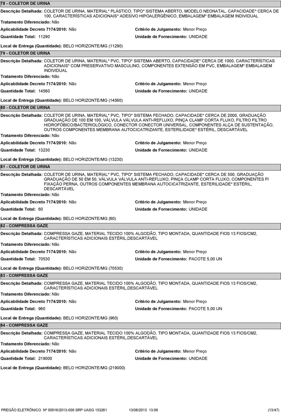 ADICIONAIS* COM PRESERVATIVO MASCULINO, COMPONENTES EXTENSÃO EM PVC, EMBALAGEM* EMBALAGEM INDIVIDUAL 14560 Local de Entrega (Quantidade): BELO HORIZONTE/MG (14560) 80 - COLETOR DE URINA COLETOR DE