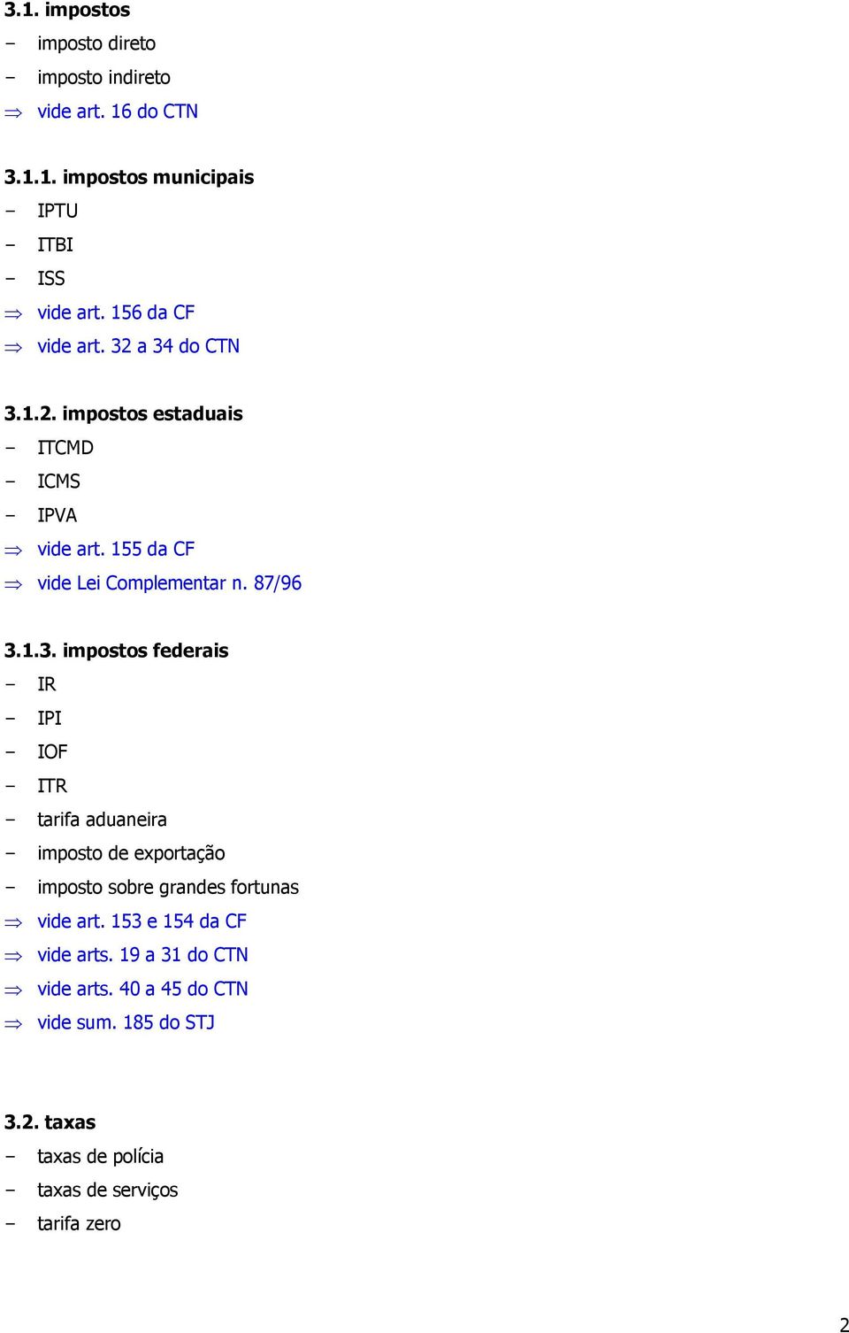 a 34 do CTN 3.1.2. impostos estaduais - ITCMD - ICMS - IPVA vide art. 155 da CF vide Lei Complementar n. 87/96 3.1.3. impostos federais - IR - IPI - IOF - ITR - tarifa aduaneira - imposto de exportação - imposto sobre grandes fortunas vide art.