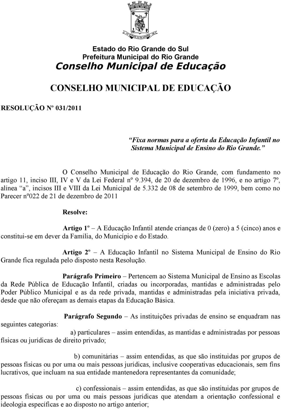 394, de 20 de dezembro de 1996, e no artigo 7º, alínea a, incisos III e VIII da Lei Municipal de 5.