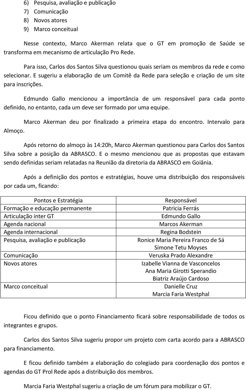 Edmundo Gallo mencionou a importância de um responsável para cada ponto definido, no entanto, cada um deve ser formado por uma equipe. Marco Akerman deu por finalizado a primeira etapa do encontro.