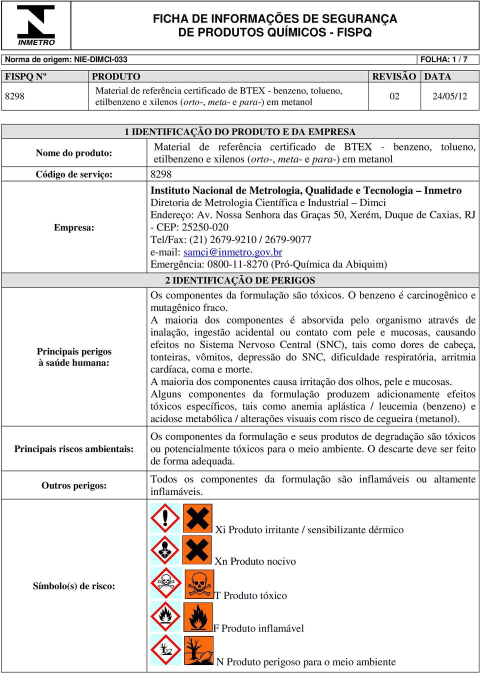 gov.br Emergência: 0800-11-8270 (Pró-Química da Abiquim) Principais perigos à saúde humana: Principais riscos ambientais: Outros perigos: 2 IDENTIFICAÇÃO DE PERIGOS Os componentes da formulação são